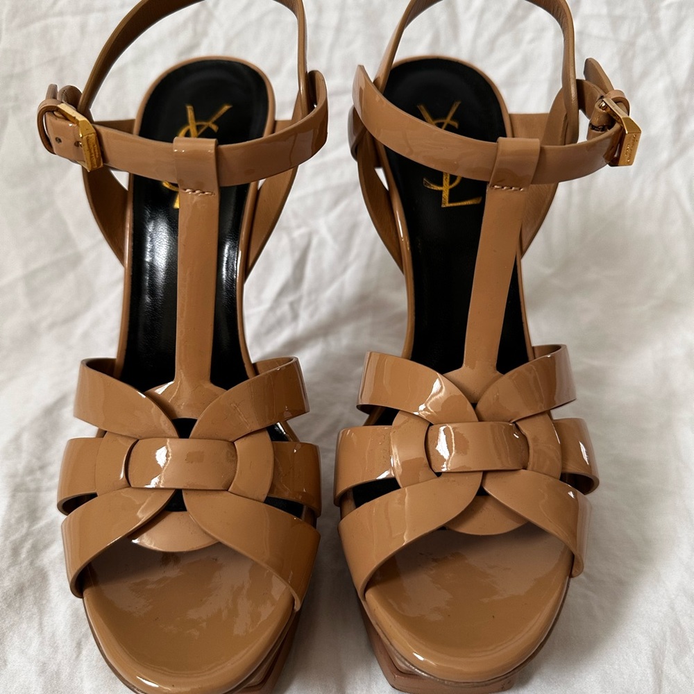 Saint Laurent Tribute T-Strap Platform Sandal in Nude Rose 
Size 7.5 (Like NEW)